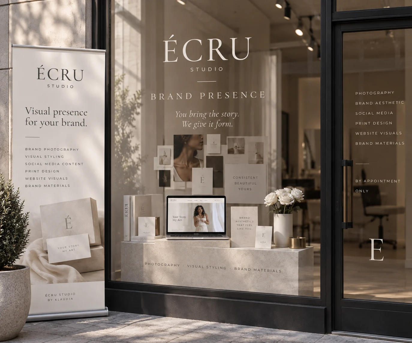 ÉCRU brand presence - storefront, website, print and social in one visual language